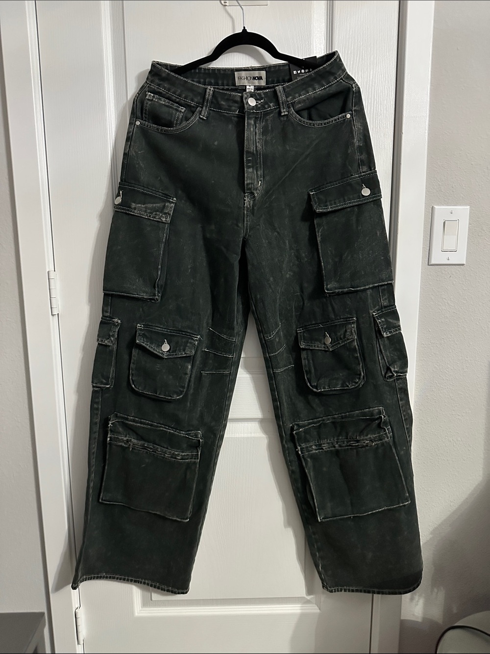 Fashion Nova Women's Greenish Black Washed Cargo Jeans